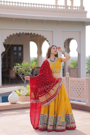Royal Radiance: Light Mustard Designer Chaniya Choli with Mirror & Bandhani Work – Palkhi Fashion