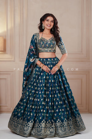 Royal Radiance: Petrol Blue Soft Silk Lehenga Choli with Designer Blouse – Palkhi Fashion