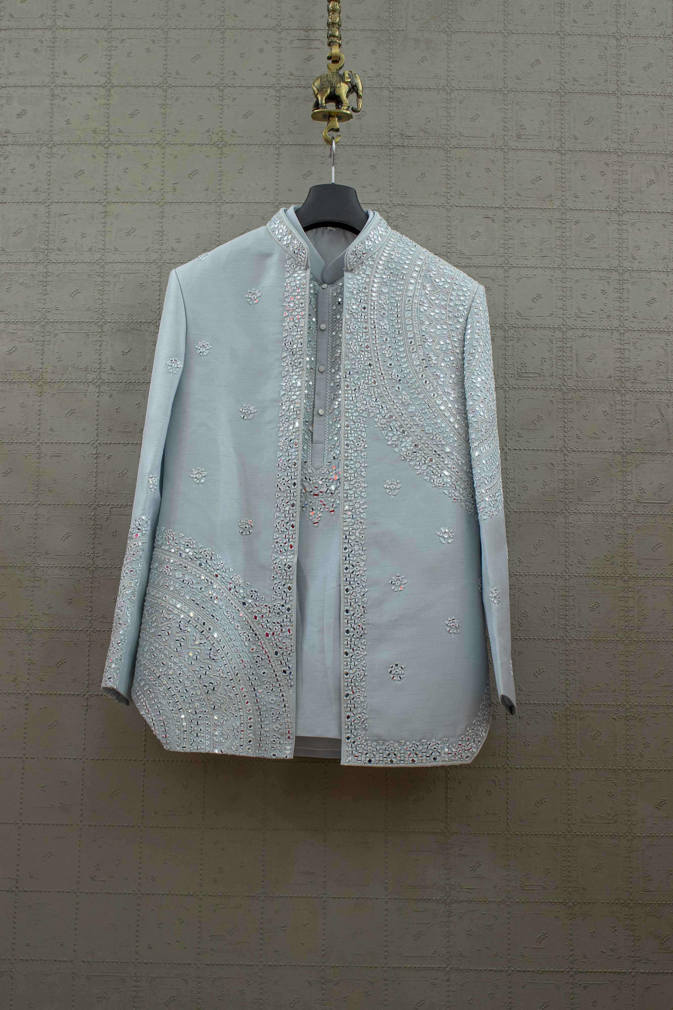 Royal Reflection - Powder Blue Mirrorwork Indo-Western Set – Designer Open Jacket Kurta | Palkhi Fashion