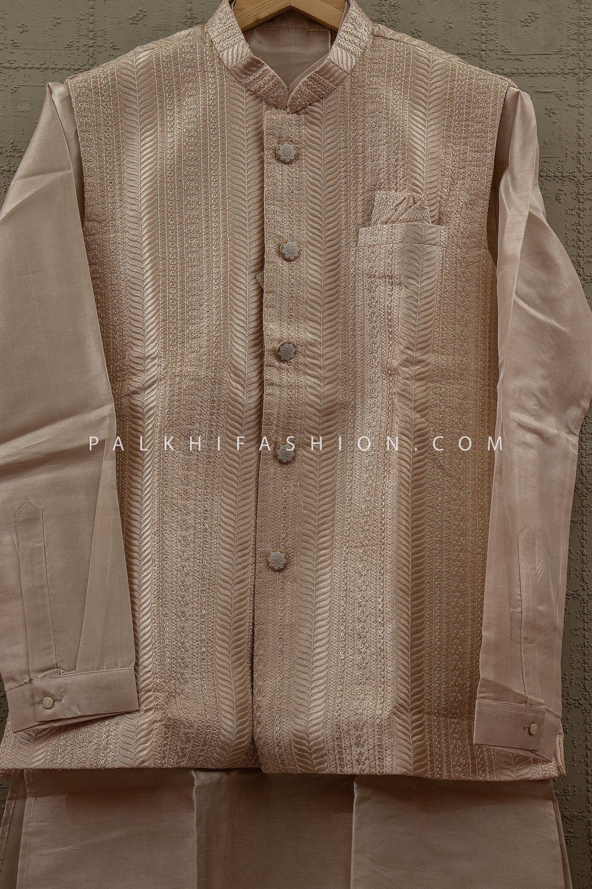 Royal Sand Elegance - Champagne Kurta Set with Embroidered Nehru Jacket – Palkhi Fashion