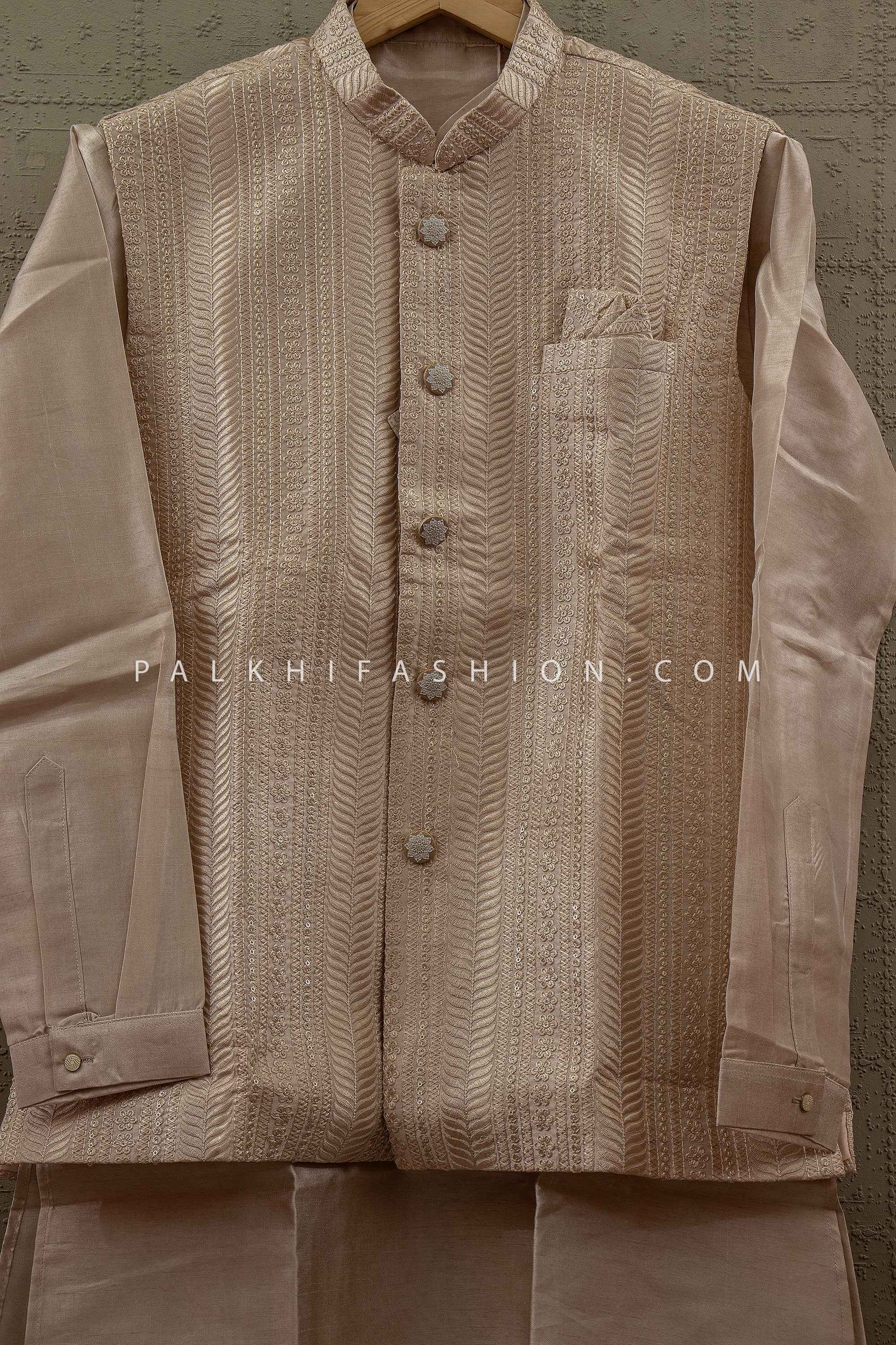 Royal Sand Elegance - Champagne Kurta Set with Embroidered Nehru Jacket – Palkhi Fashion