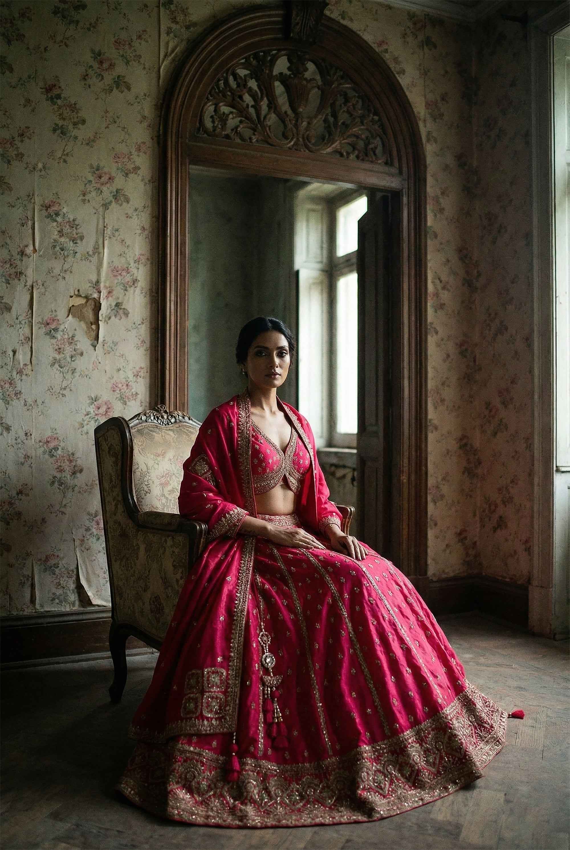 Royal Shiraz Bridesmaid Lehenga with Antique Zari Embroidery | Palkhi Fashion