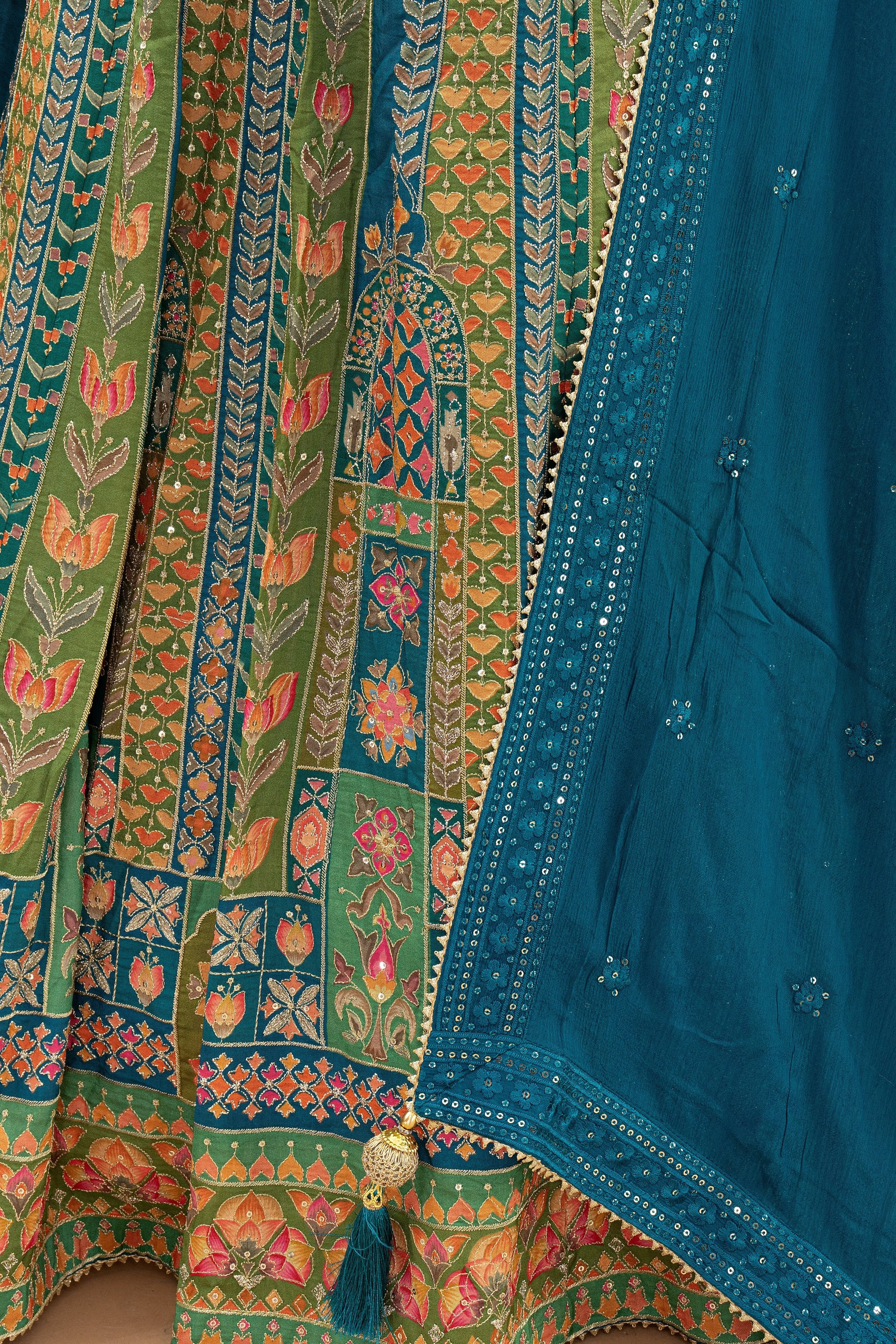 💎 Royal Teal Tapestry: Multicolor Designer Lehenga Choli with Handwork Blouse – Palkhi Fashion