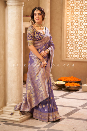 Royal Weave: Light Purple Banarasi Silk Saree with Handwork Blouse – Palkhi Fashion