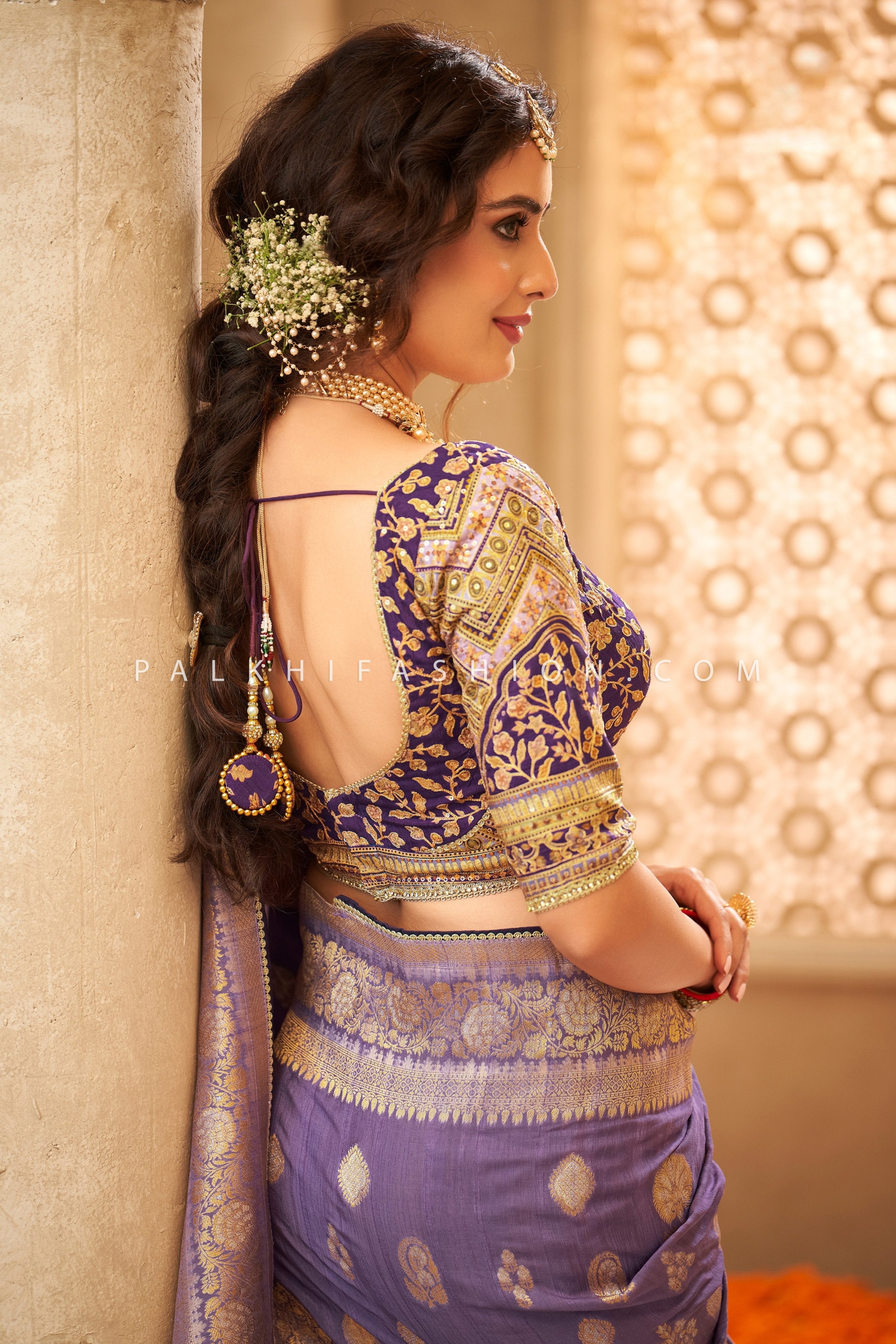 Royal Weave: Light Purple Banarasi Silk Saree with Handwork Blouse – Palkhi Fashion