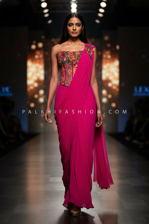 Runway Rebel: Pink Sculpt Corset Pre - Pleated Designer Saree – Palkhi Fashion