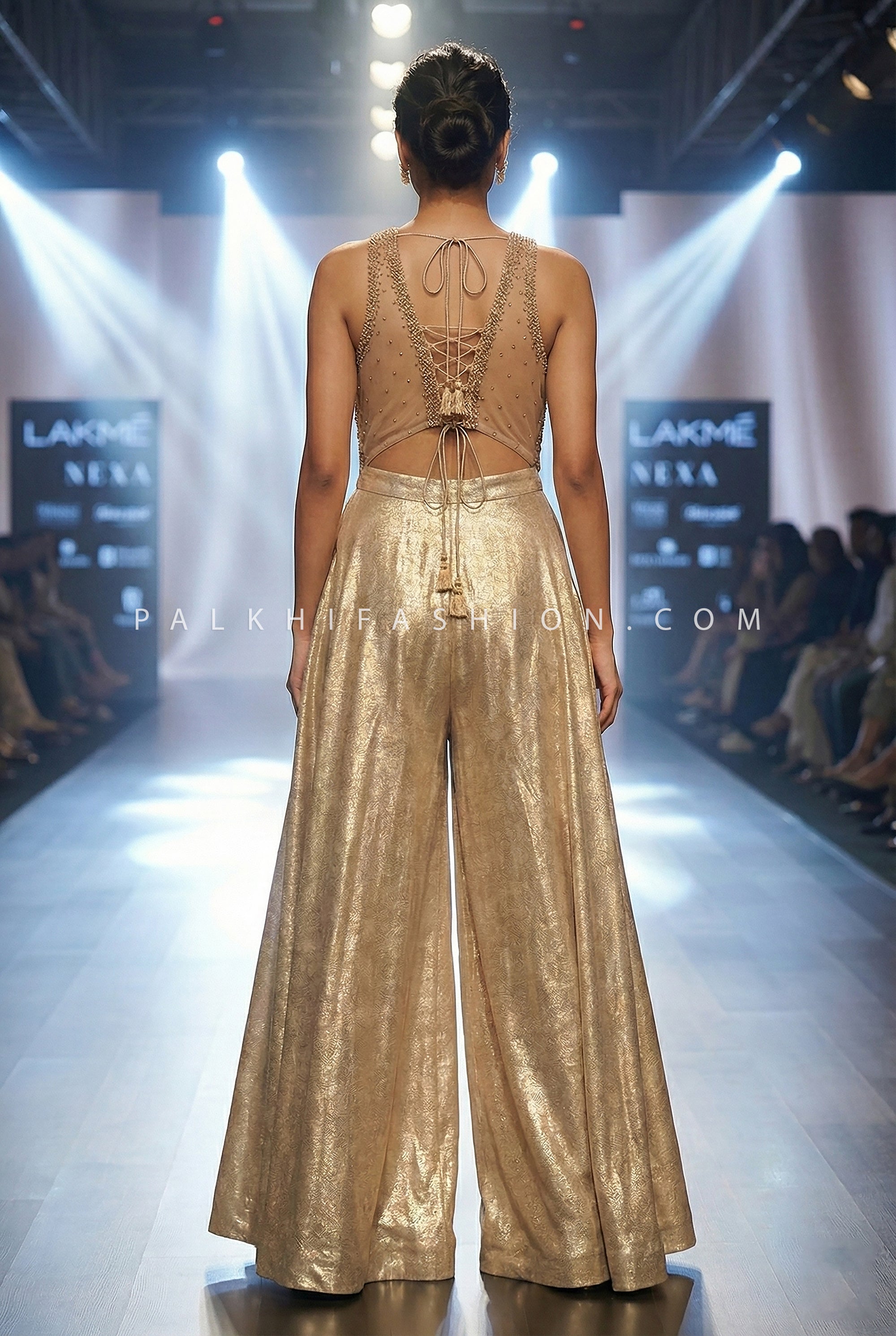 Runway Royal Charm — Champagne Palazzo Suit with Stone, Bead & Cutdana Work | Palkhi Fashion