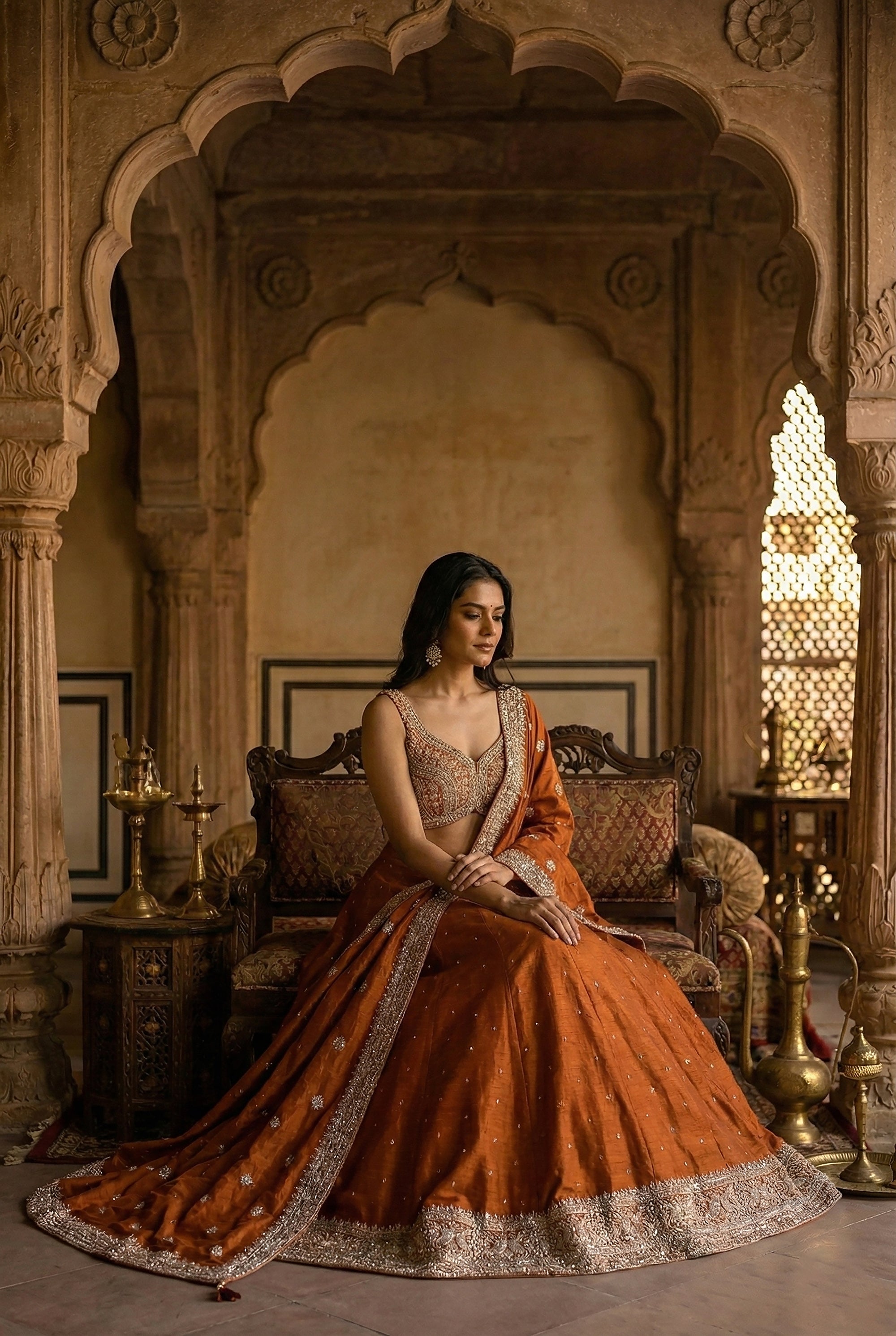 Rust Orange Lehenga Choli Set with Elegant Embroidery | Palkhi Fashion Houston