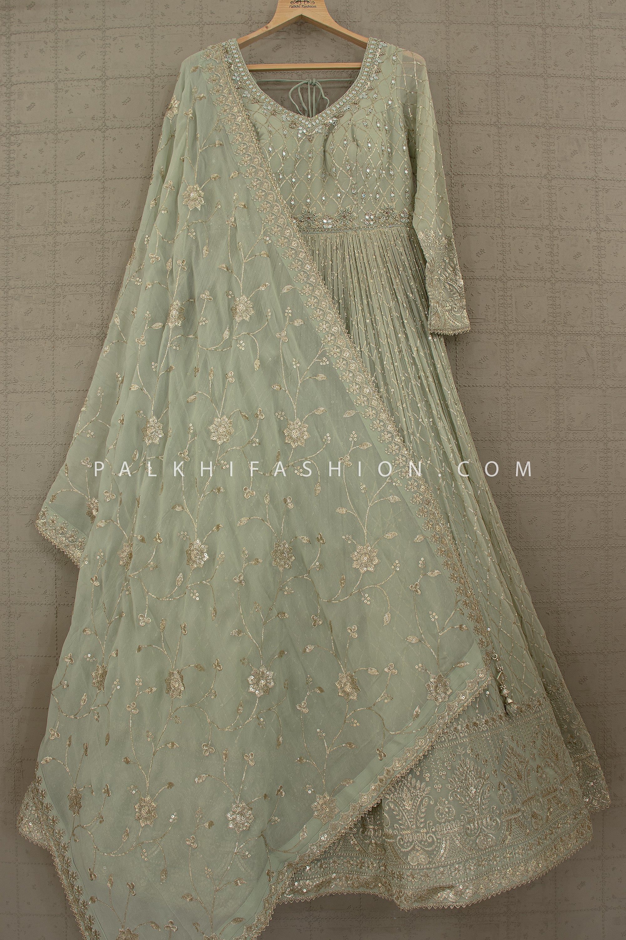 Sage Mist Luxe: Mint Green Georgette Anarkali Gown with Embroidered Dupatta