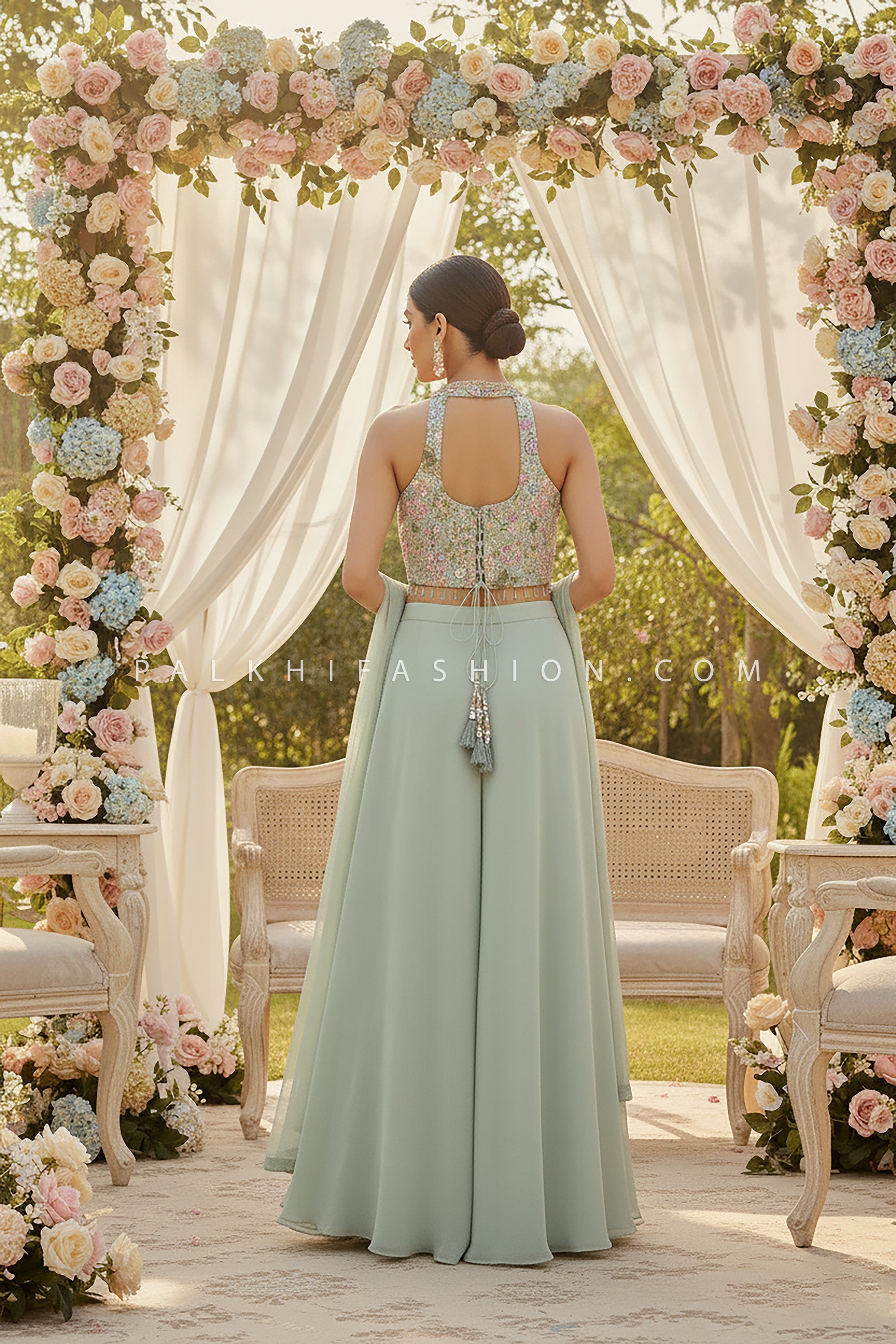 Sage Serenity: Handcrafted Halterneck Palazzo Ensemble by Palkhi Fashion