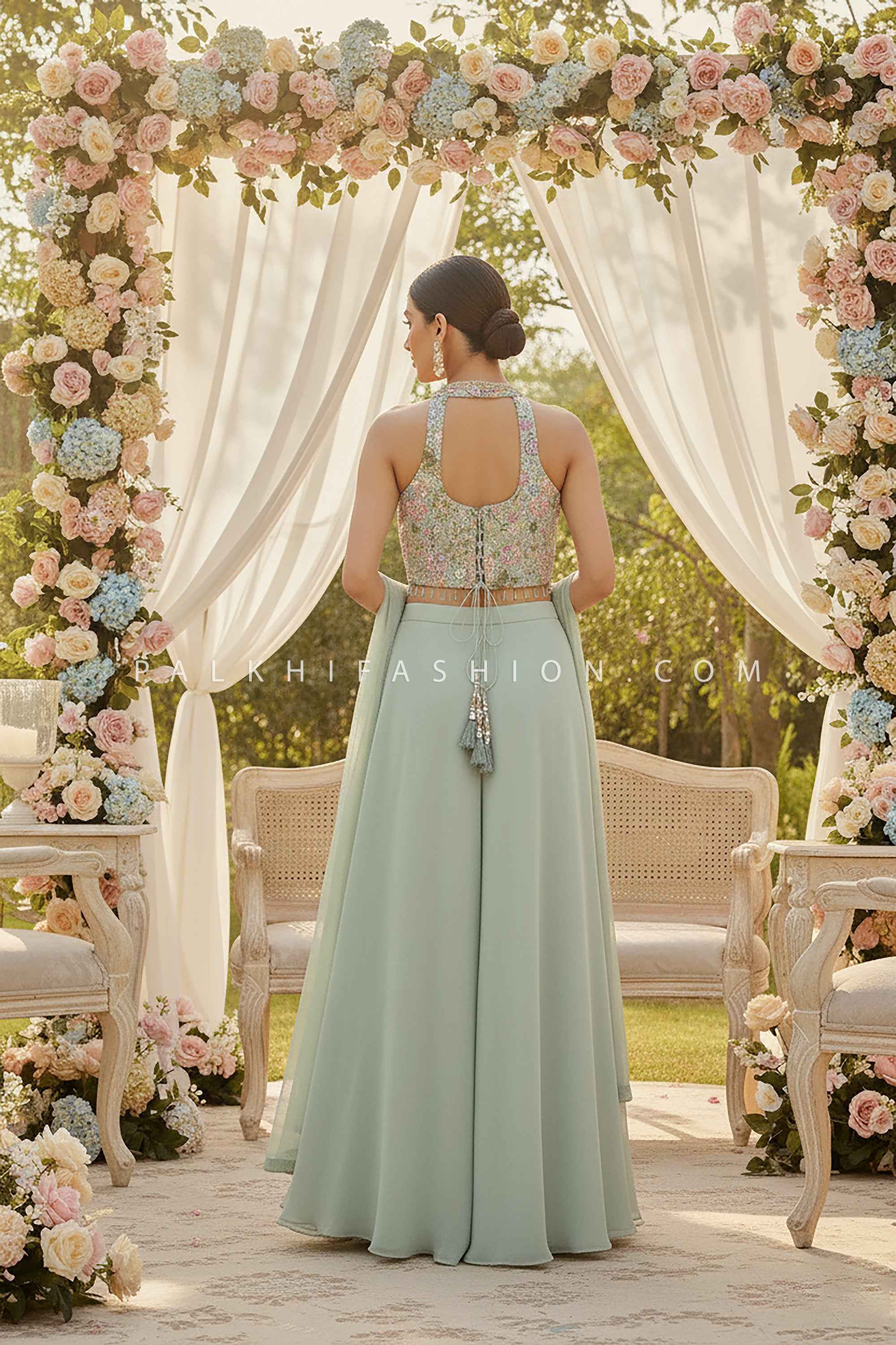 Sage Serenity: Handcrafted Halterneck Palazzo Ensemble by Palkhi Fashion