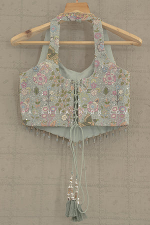 Sage Serenity: Handcrafted Halterneck Palazzo Ensemble by Palkhi Fashion