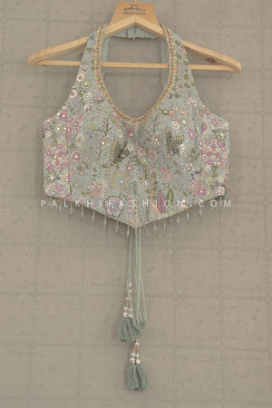 Sage Serenity: Handcrafted Halterneck Palazzo Ensemble by Palkhi Fashion