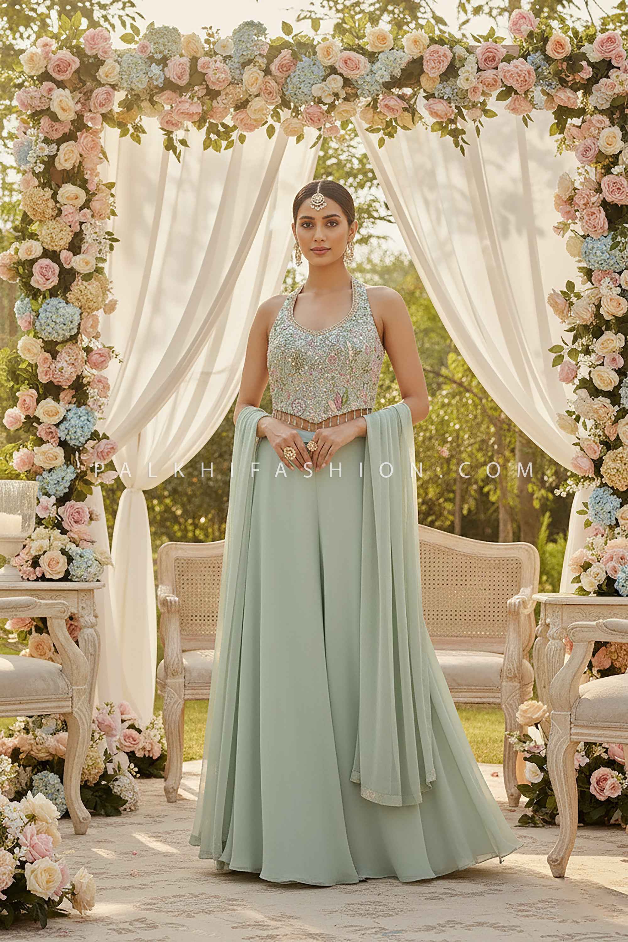 Sage Green Halter neck Corset Palazzo Set  Palkhi Fashion, Houston