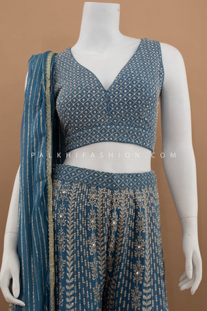 Sangeet Spark: Blue Ombre Crop Top Palazzo Outfit with Mirror & Handwork – Palkhi Fashion