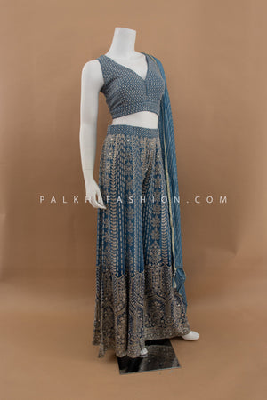 Sangeet Spark: Blue Ombre Crop Top Palazzo Outfit with Mirror & Handwork – Palkhi Fashion