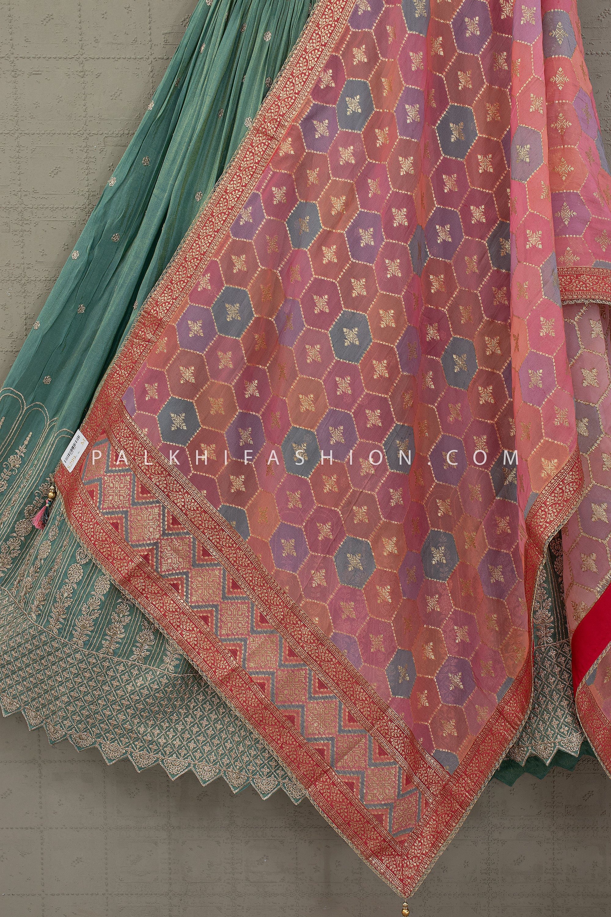 Serene Royal Aura – Sage Green Lehenga Choli with Banarasi Weave Dupatta – Palkhi Fashion