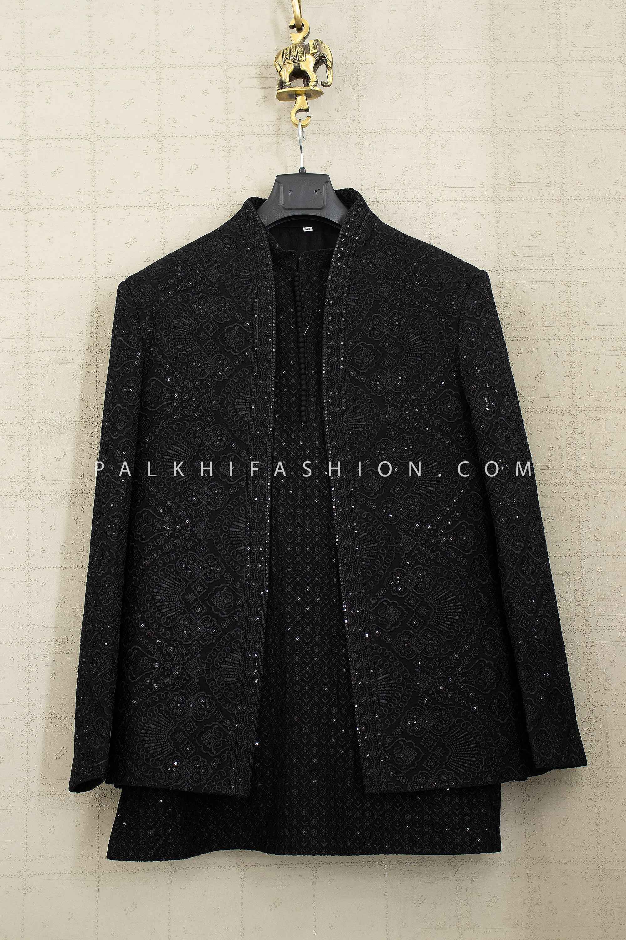 Shadow Luxe —Men’s Black Open Jacket Indo-Western with Elegant Work | Palkhi Fashion