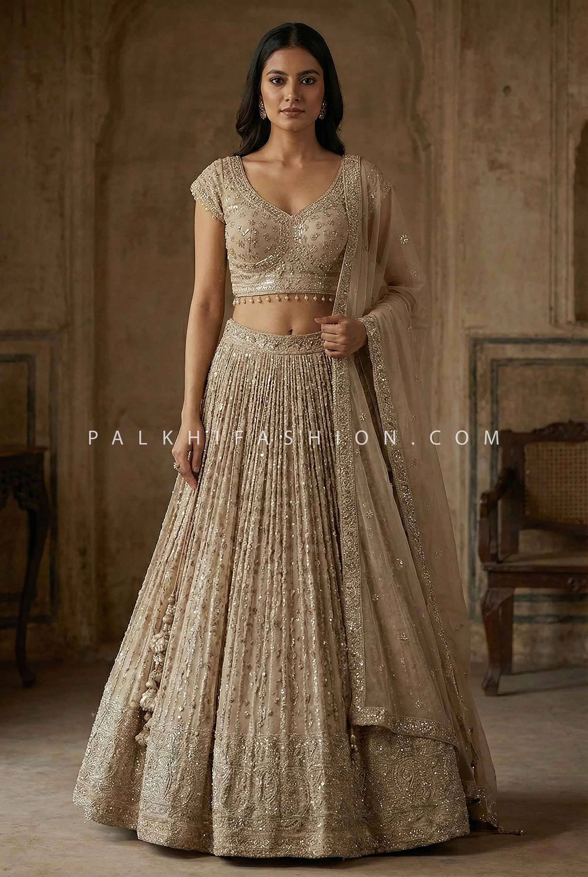 Soft Luxe Radiance – Champagne Designer Lehenga Choli with Mirror, and Hand Embroidery | Palkhi Fashion