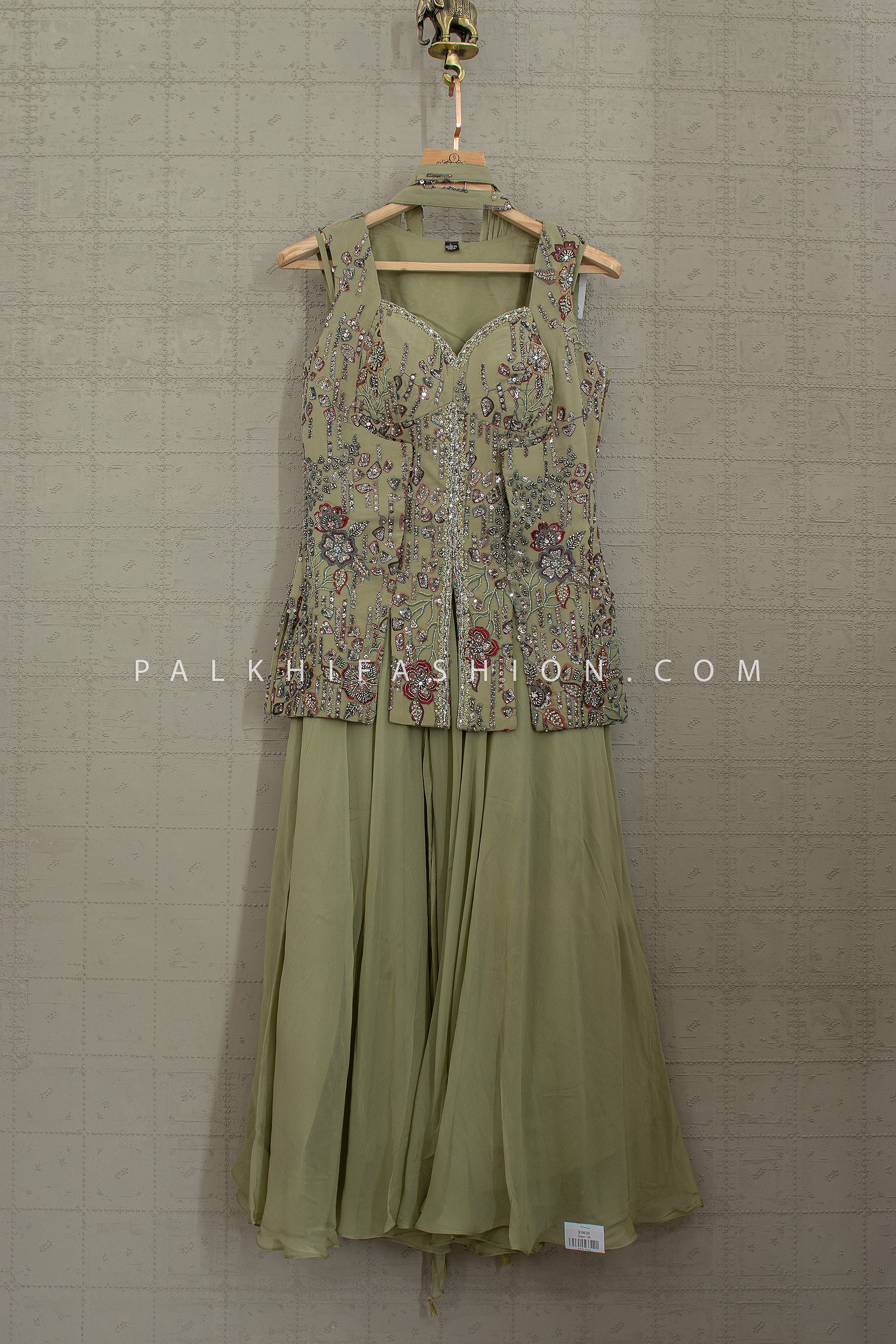 Soft Sage Glam – Olive Green Georgette Handwork Palazzo Outfit – Palkhi Fashion