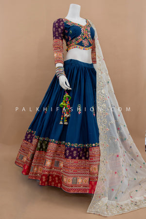 Sparkle & Spin: Teal Blue Vintage Work Designer Chaniya Choli Set