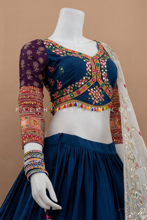 Sparkle & Spin: Teal Blue Vintage Work Designer Chaniya Choli Set