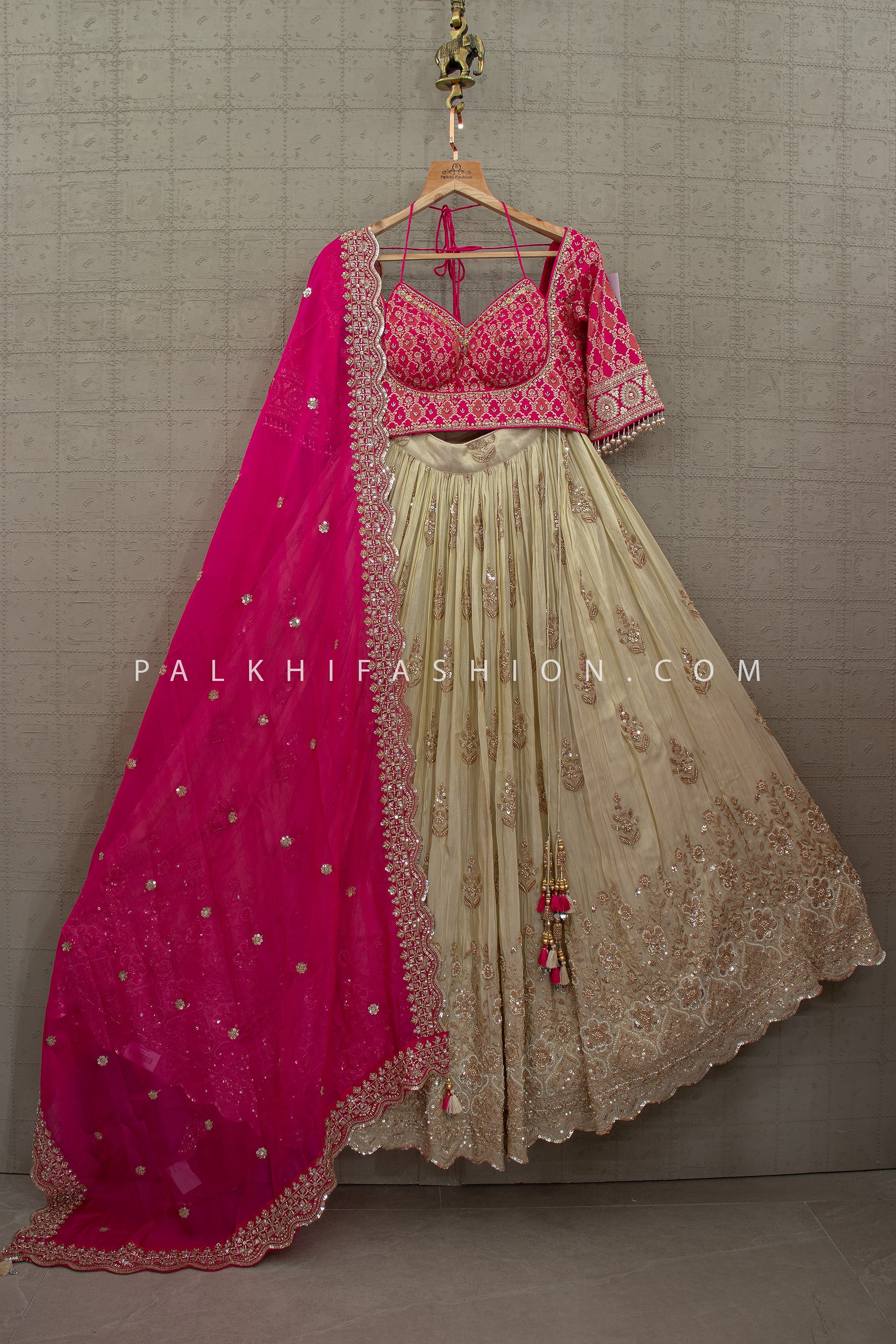 Statement Wedding Guest - Fuchsia Pink & Champagne Bead Embroidered Lehenga Set