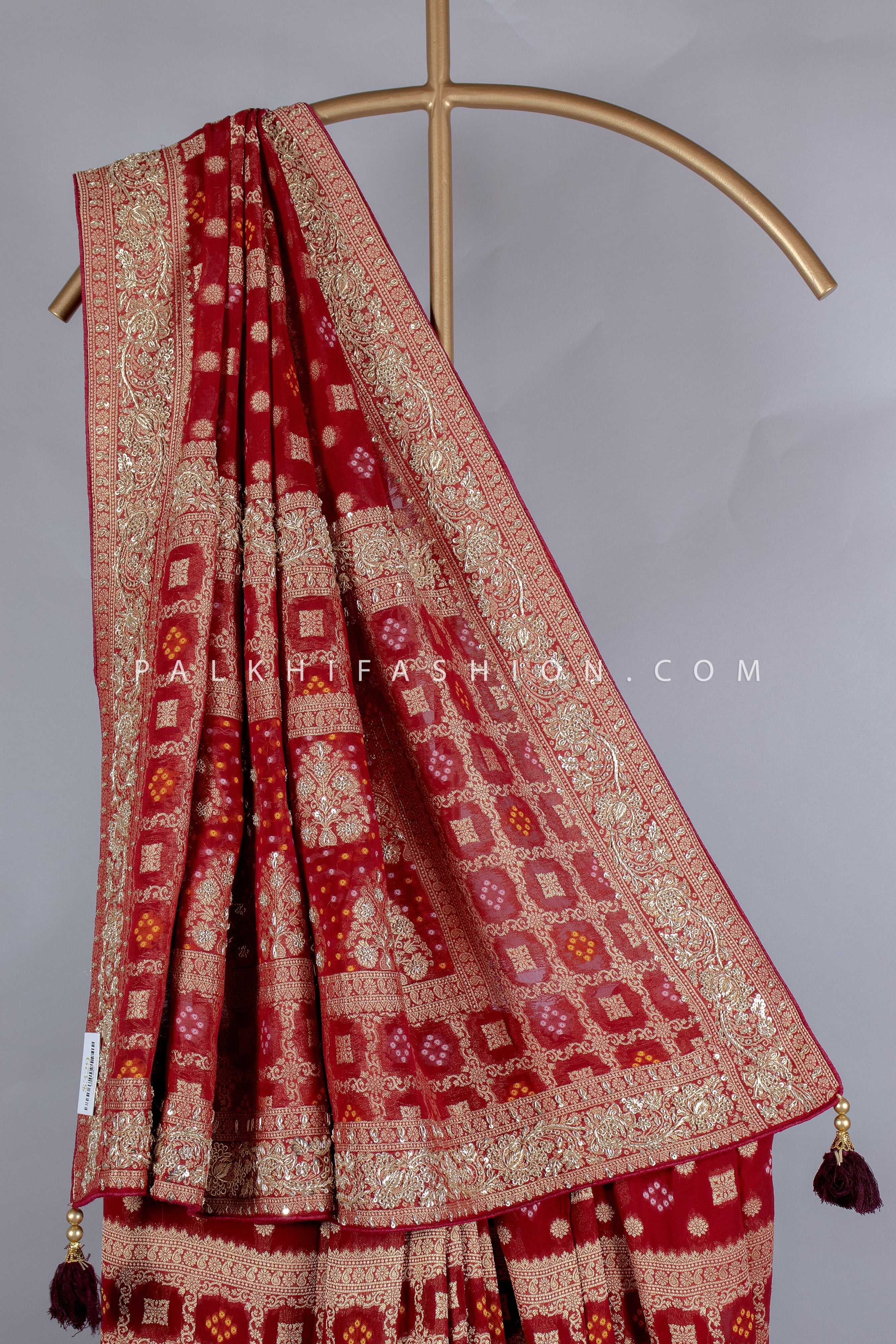 Stunning Maroon Pure Banarasi Georgette Saree with Cutdana & Handwork
