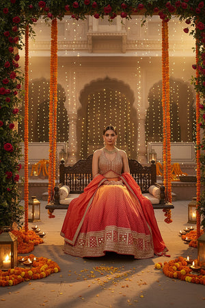 🧡 Sunset Symphony: Silk Ombré Lehenga Choli With Halter Neck Blouse by Palkhi Fashion