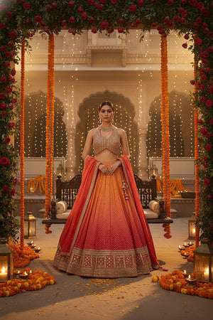 🧡 Sunset Symphony: Silk Ombré Lehenga Choli With Halter Neck Blouse by Palkhi Fashion