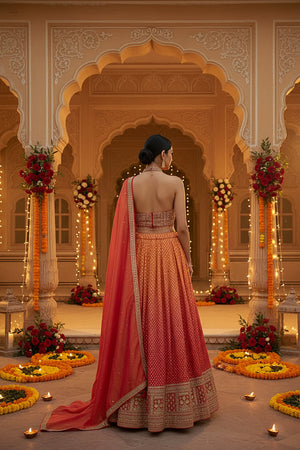 🧡 Sunset Symphony: Silk Ombré Lehenga Choli With Halter Neck Blouse by Palkhi Fashion