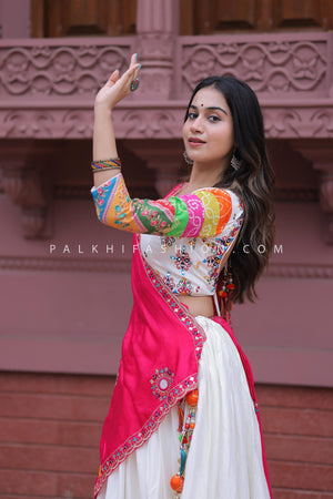 Sunshine Charm: White Premium Chaniya Choli with Multicolor Embroidery – Palkhi Fashion