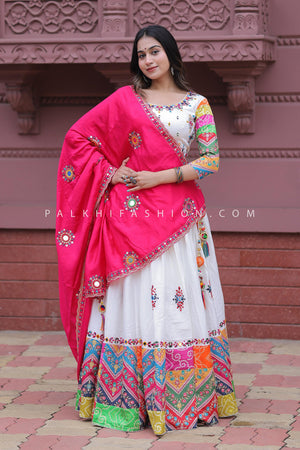 Sunshine Charm: White Premium Chaniya Choli with Multicolor Embroidery – Palkhi Fashion