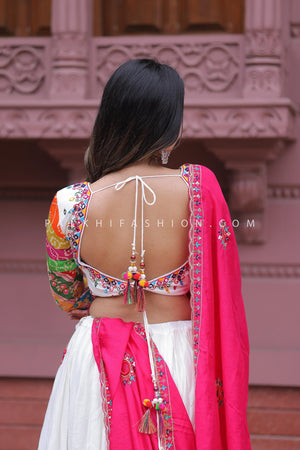 Sunshine Charm: White Premium Chaniya Choli with Multicolor Embroidery – Palkhi Fashion