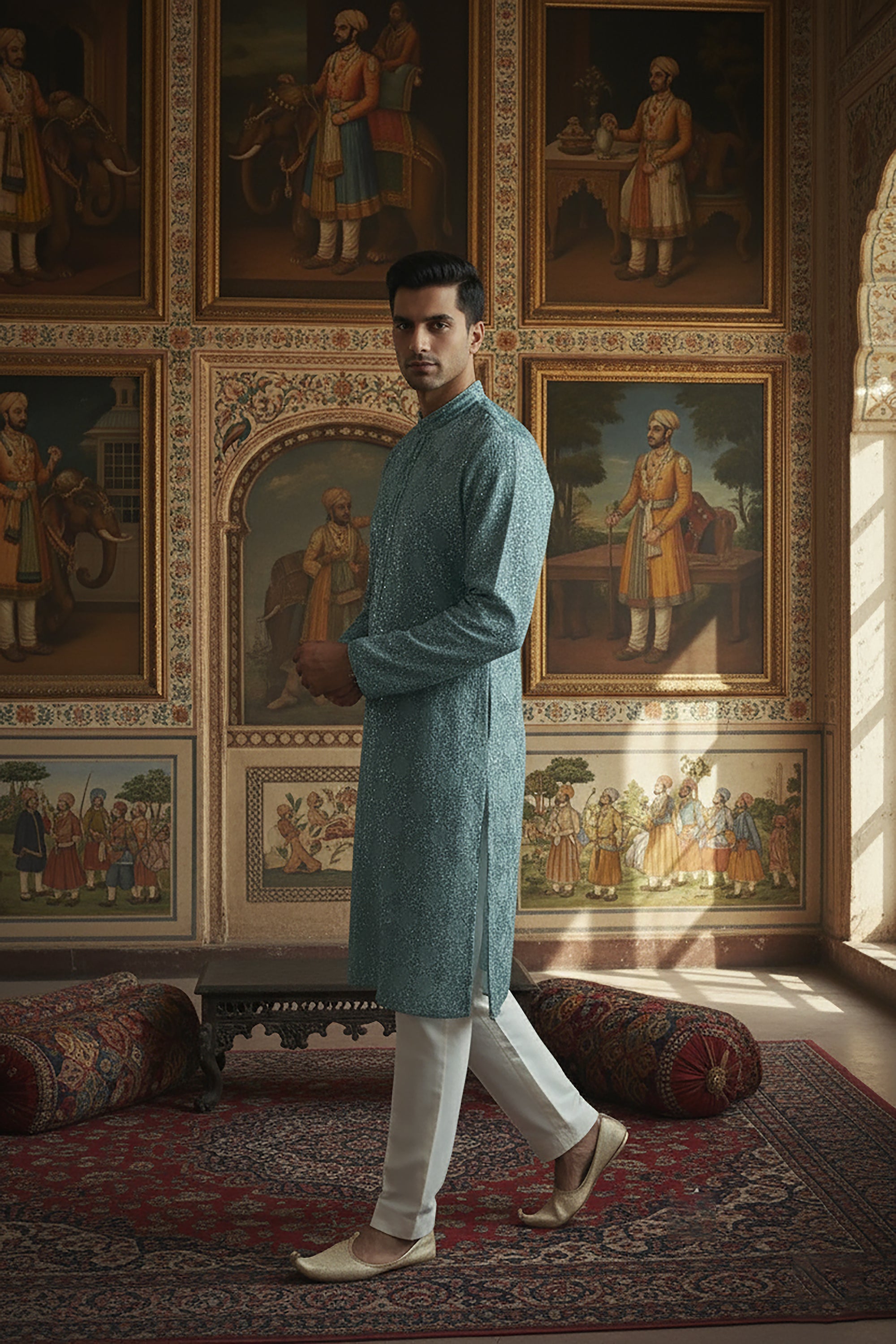 Teal Blue Sequin Embroidered Kurta Set with Off - White Pants – Palkhi Fashion