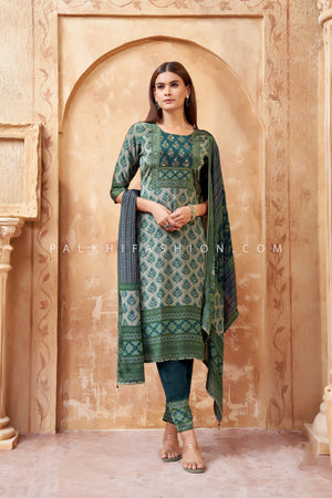 Teal Green Straight Cut Silk Suit with Hand Embroidery – Palkhi Fashion