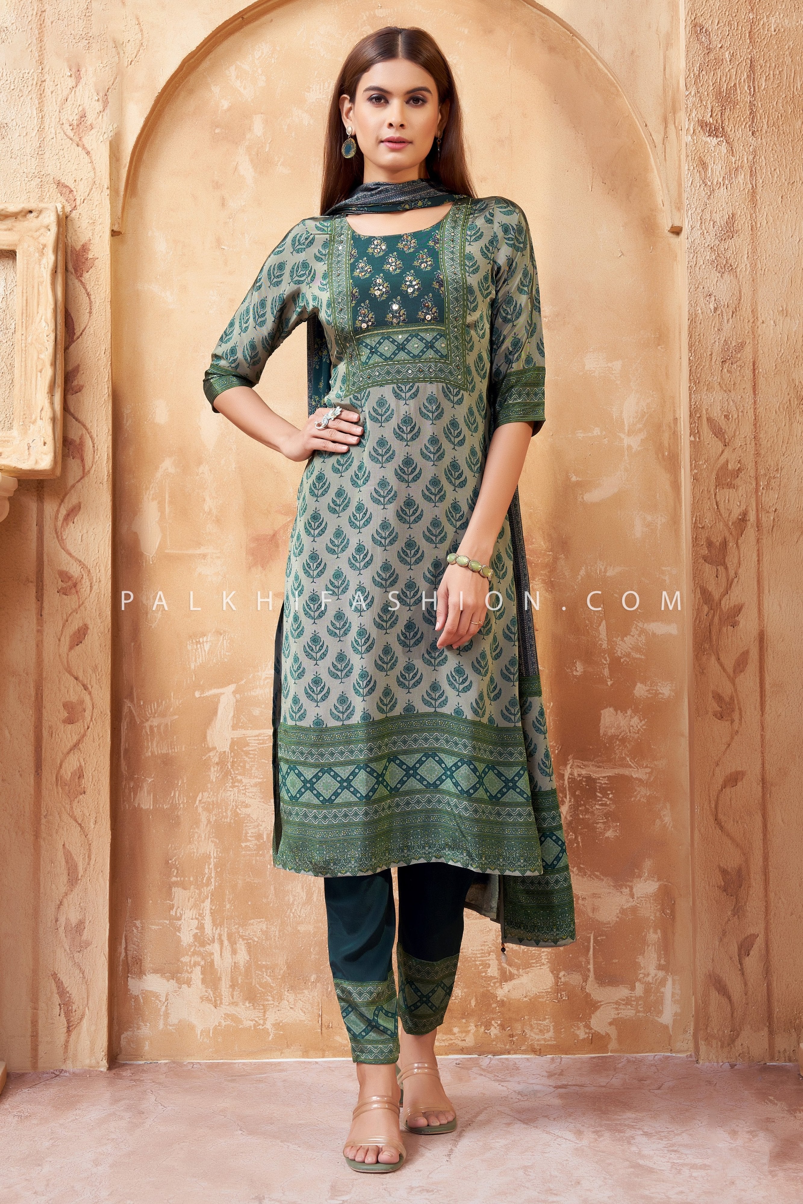 Teal Green Straight Cut Silk Suit with Hand Embroidery – Palkhi Fashion