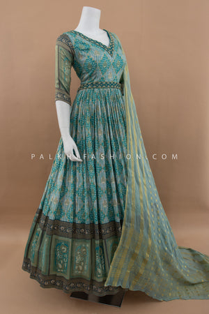 Teal Indian Outfit with Banarasi & Bandhani Embroidery – Palkhi Fashion