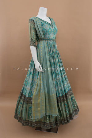 Teal Indian Outfit with Banarasi & Bandhani Embroidery – Palkhi Fashion