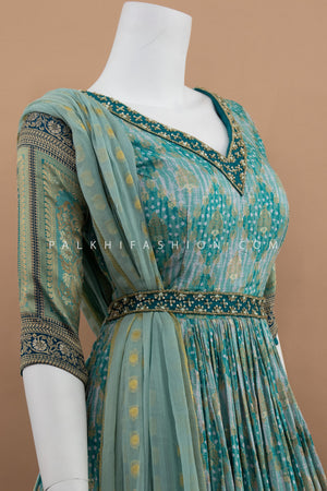 Teal Indian Outfit with Banarasi & Bandhani Embroidery – Palkhi Fashion