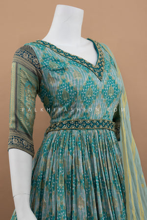 Teal Indian Outfit with Banarasi & Bandhani Embroidery – Palkhi Fashion