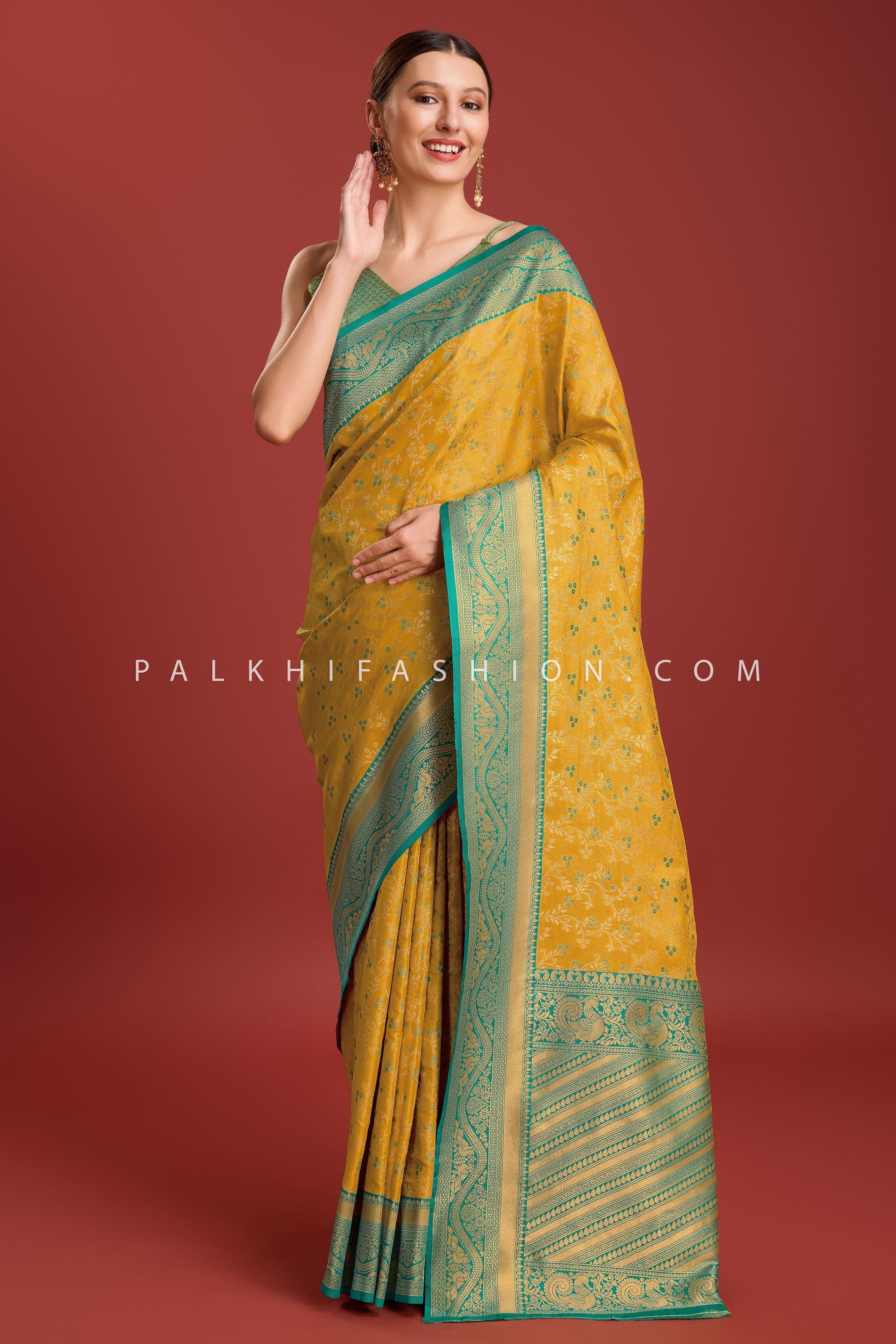 Teal & Mustard Kanjivaram Silk Saree with Elegant Weaving – Palkhi Fashion