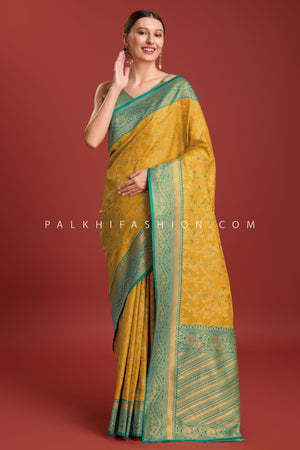 Teal & Mustard Kanjivaram Silk Saree with Elegant Weaving – Palkhi Fashion