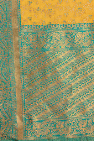 Teal & Mustard Kanjivaram Silk Saree with Elegant Weaving – Palkhi Fashion