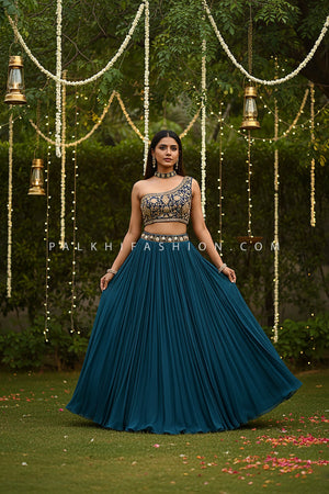 Teal Royale: One - Shoulder Mirror Work Lehenga Set – Palkhi Fashion