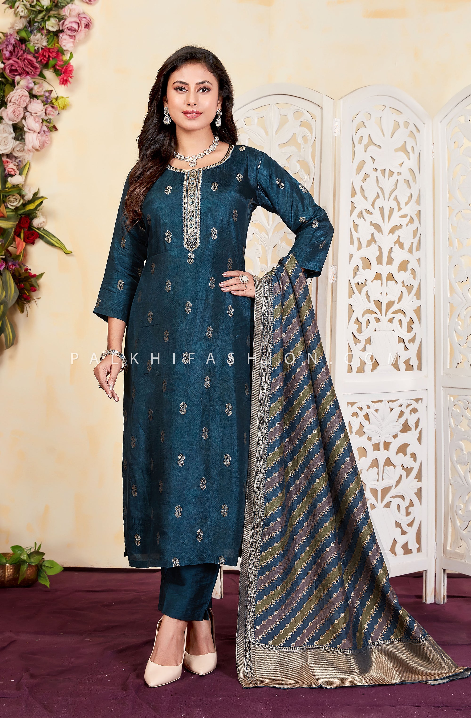 Teal Straight Suit with Pure Silk Embroidered Dupatta ā Palkhi Fashion