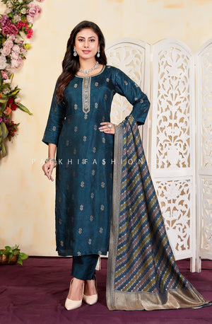 Teal Straight Suit with Pure Silk Embroidered Dupatta – Palkhi Fashion