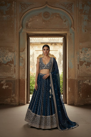 The Majestic Edit: Indian Designer Petrol Blue Lehenga Choli with Handwork