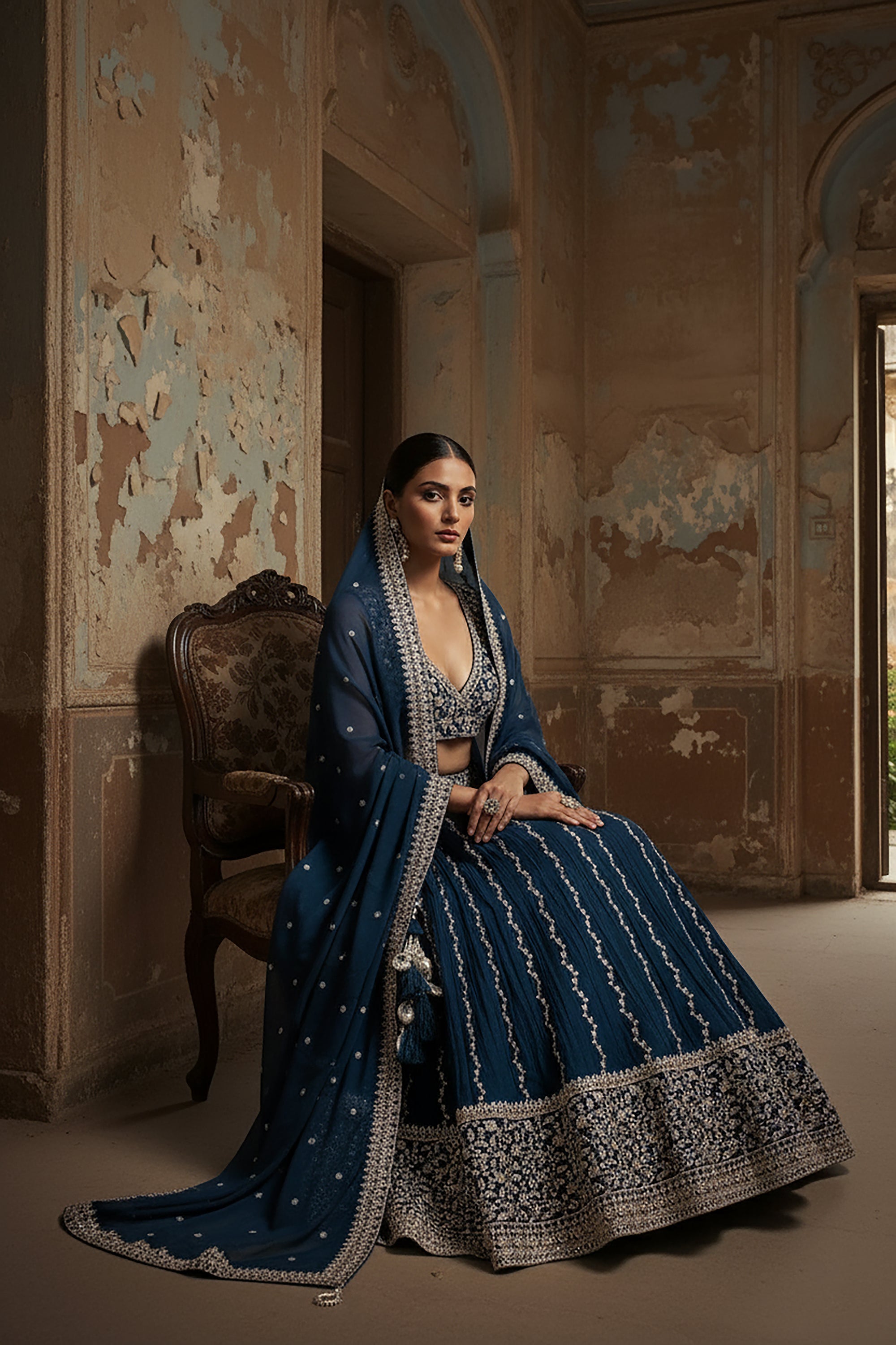 The Majestic Edit: Indian Designer Petrol Blue Lehenga Choli with Handwork