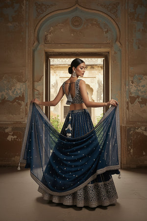 The Majestic Edit: Indian Designer Petrol Blue Lehenga Choli with Handwork